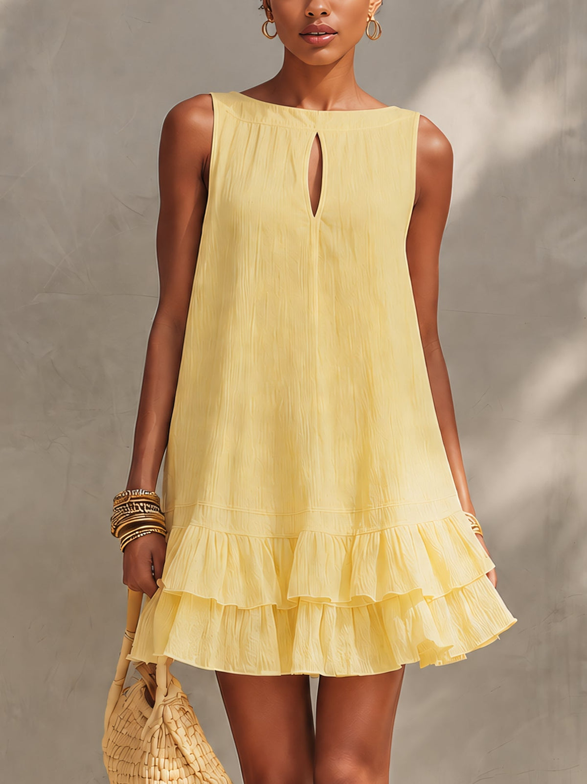 Yellow Textured Sleeveless Mini Dress With Ruffle Hem