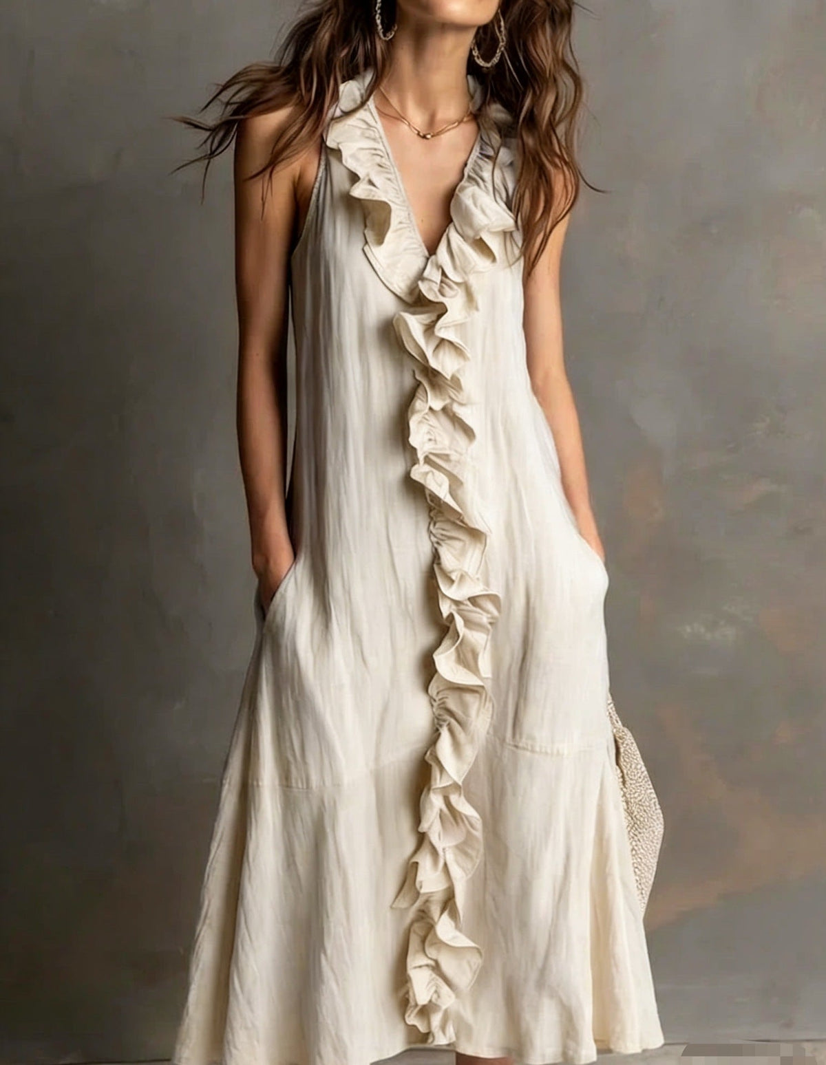 Women's Solid-Colour Sleeveless V-Neck Flared Ruffle Dress