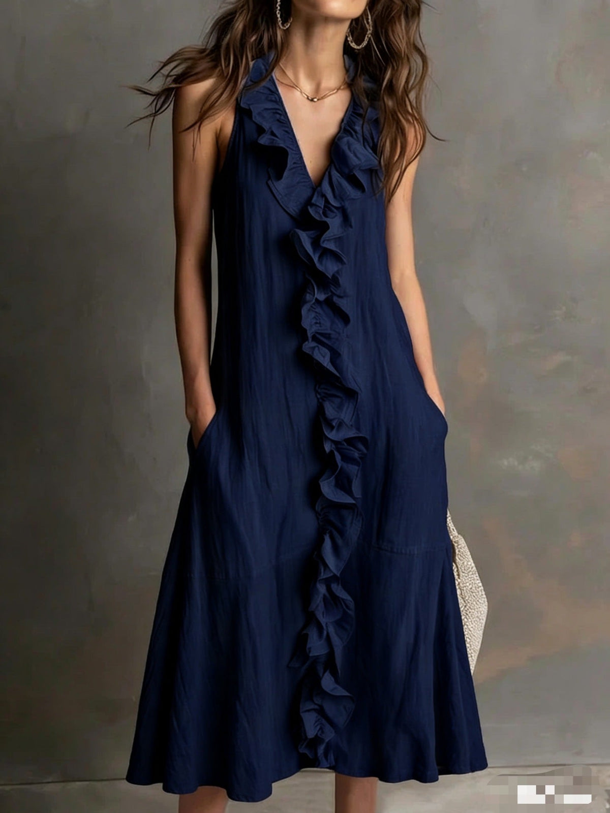 Women's Solid-Colour Sleeveless V-Neck Flared Ruffle Dress
