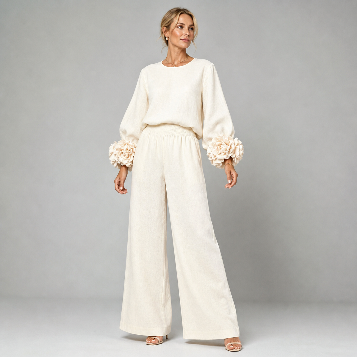 Floral Cuff Top and Wide-Leg Pants Set