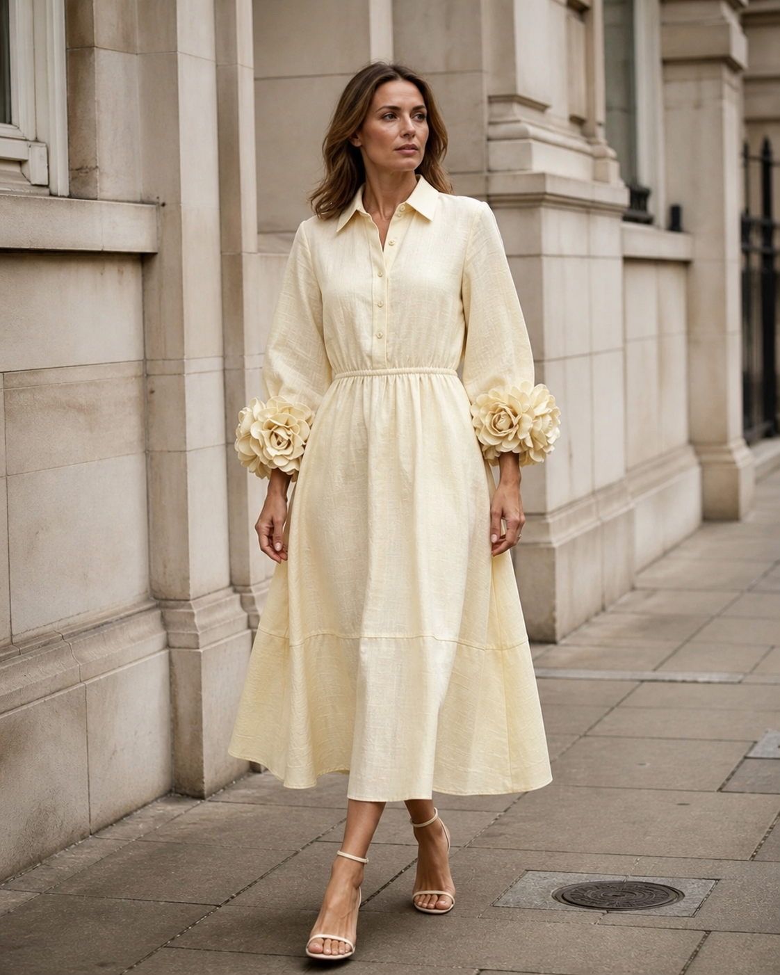 Collared Shirt Dress with 3D Rose Statement Sleeves
