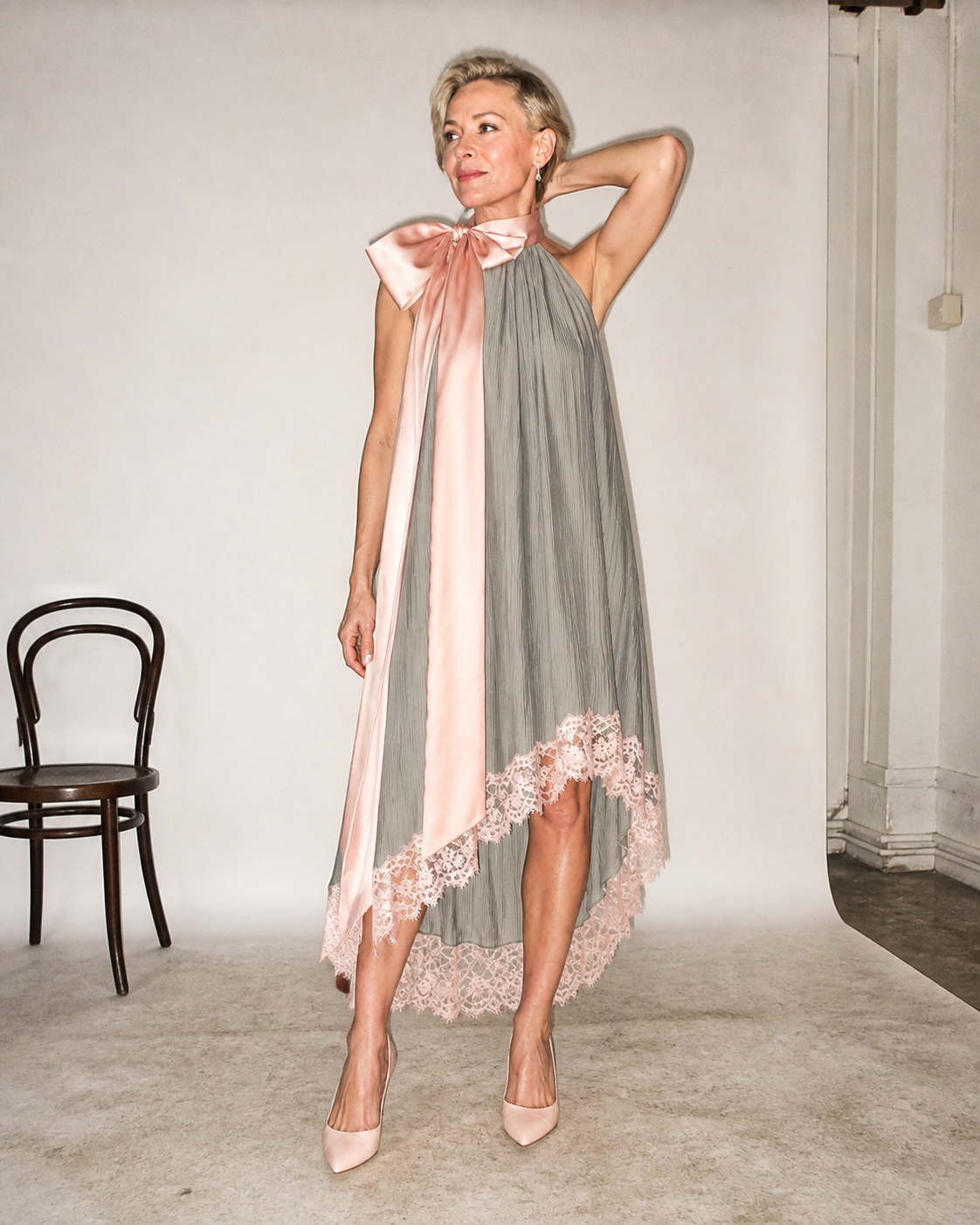 High-Neck Irregular Dress with Bow