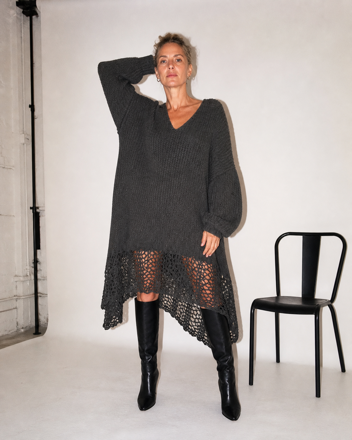 Charcoal Gray Long Sleeve Midi Dress