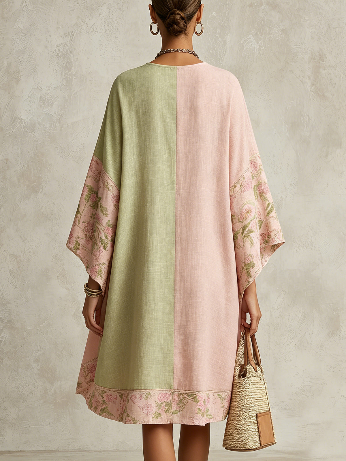 Green and Pink Floral-Trim Midi Dress
