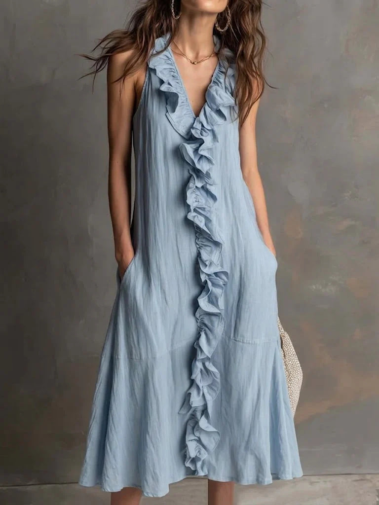 Women's Solid-Colour Sleeveless V-Neck Flared Ruffle Dress
