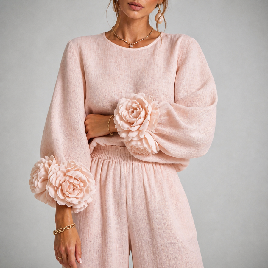 Floral Cuff Top and Wide-Leg Pants Set