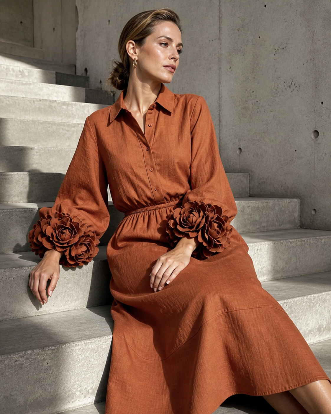Collared Shirt Dress with 3D Rose Statement Sleeves