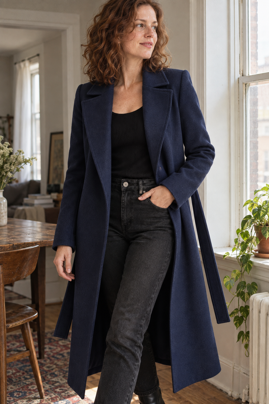 Women's Long Wool Look Belted Coat with Lapel Collar