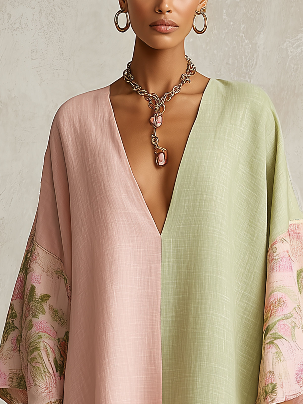 Green and Pink Floral-Trim Midi Dress