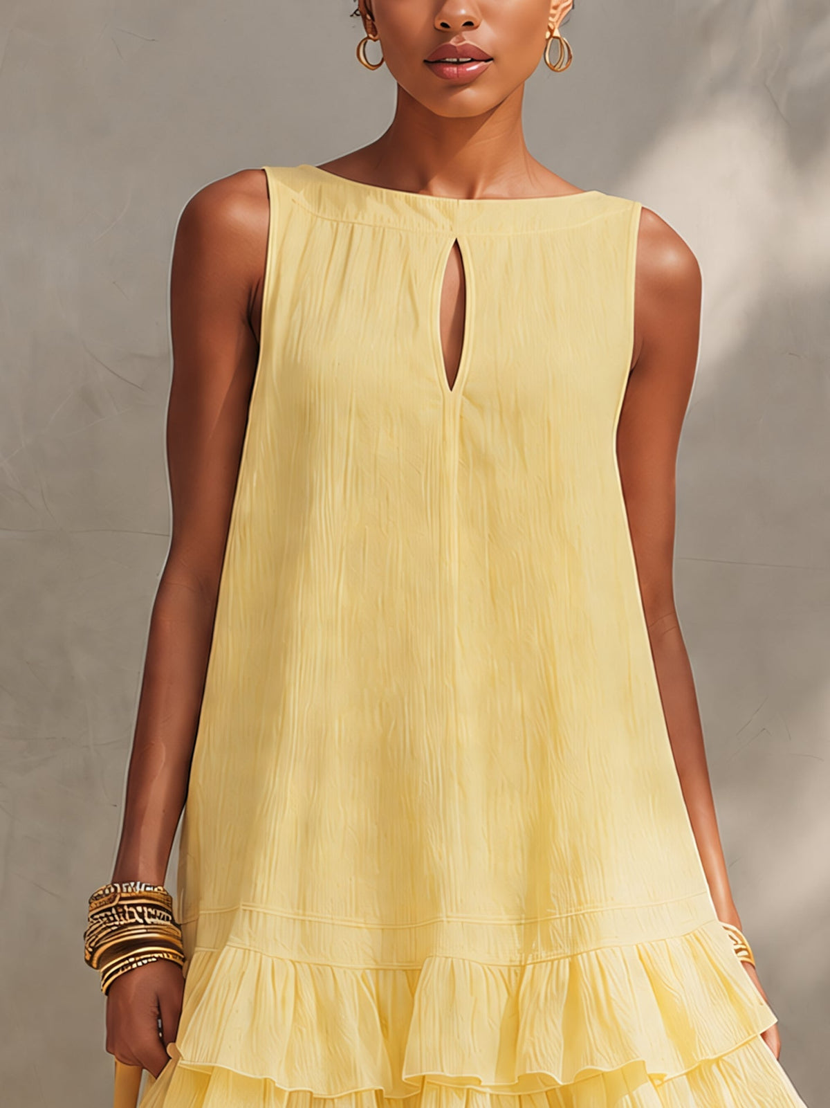 Yellow Textured Sleeveless Mini Dress With Ruffle Hem