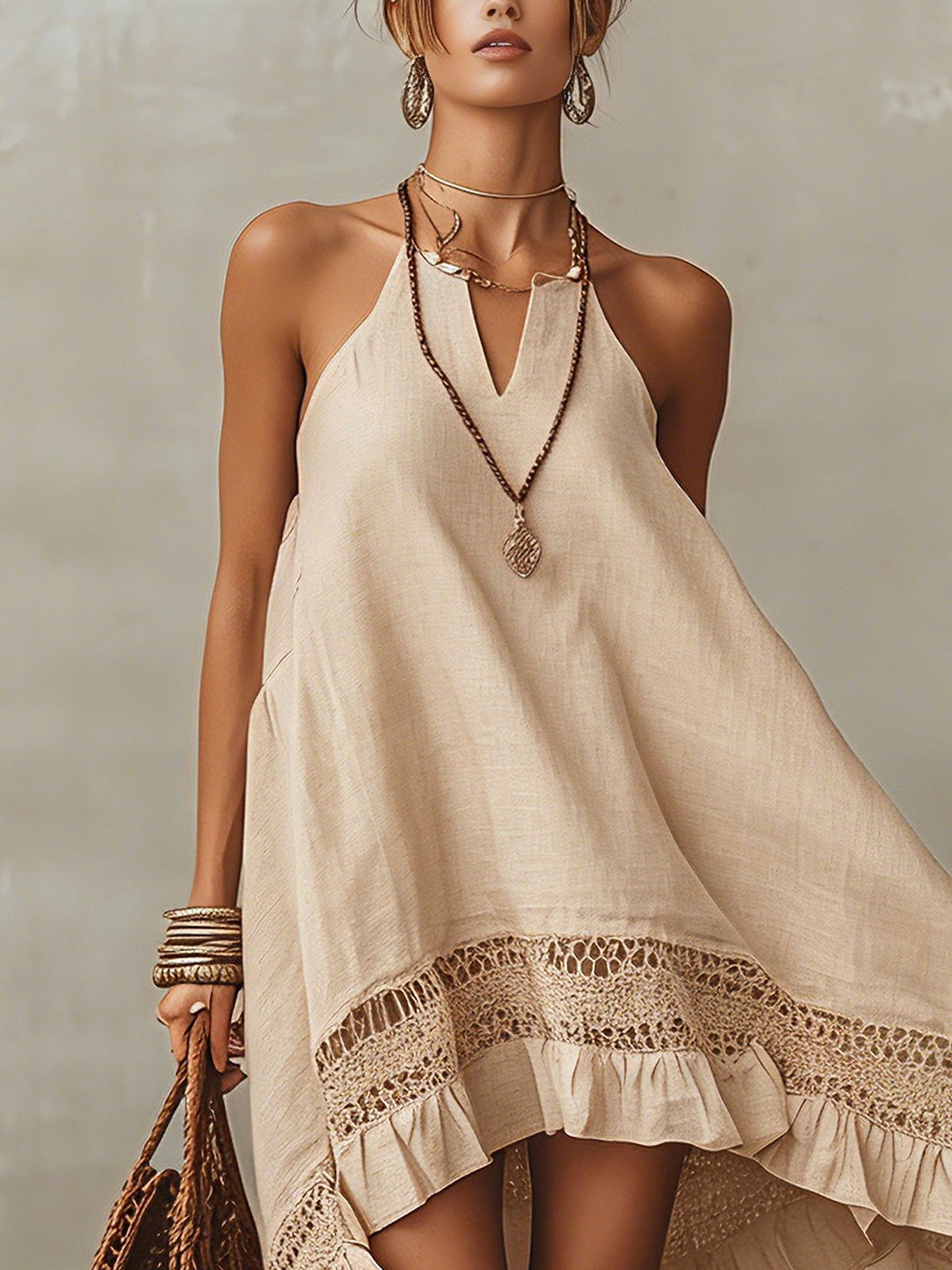 Beige lace-panelled mini dress with tie detail