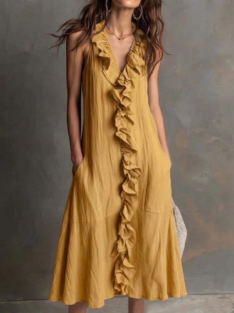 Women's Solid-Colour Sleeveless V-Neck Flared Ruffle Dress