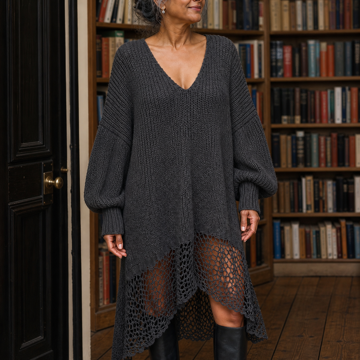 Charcoal Gray Long Sleeve Midi Dress