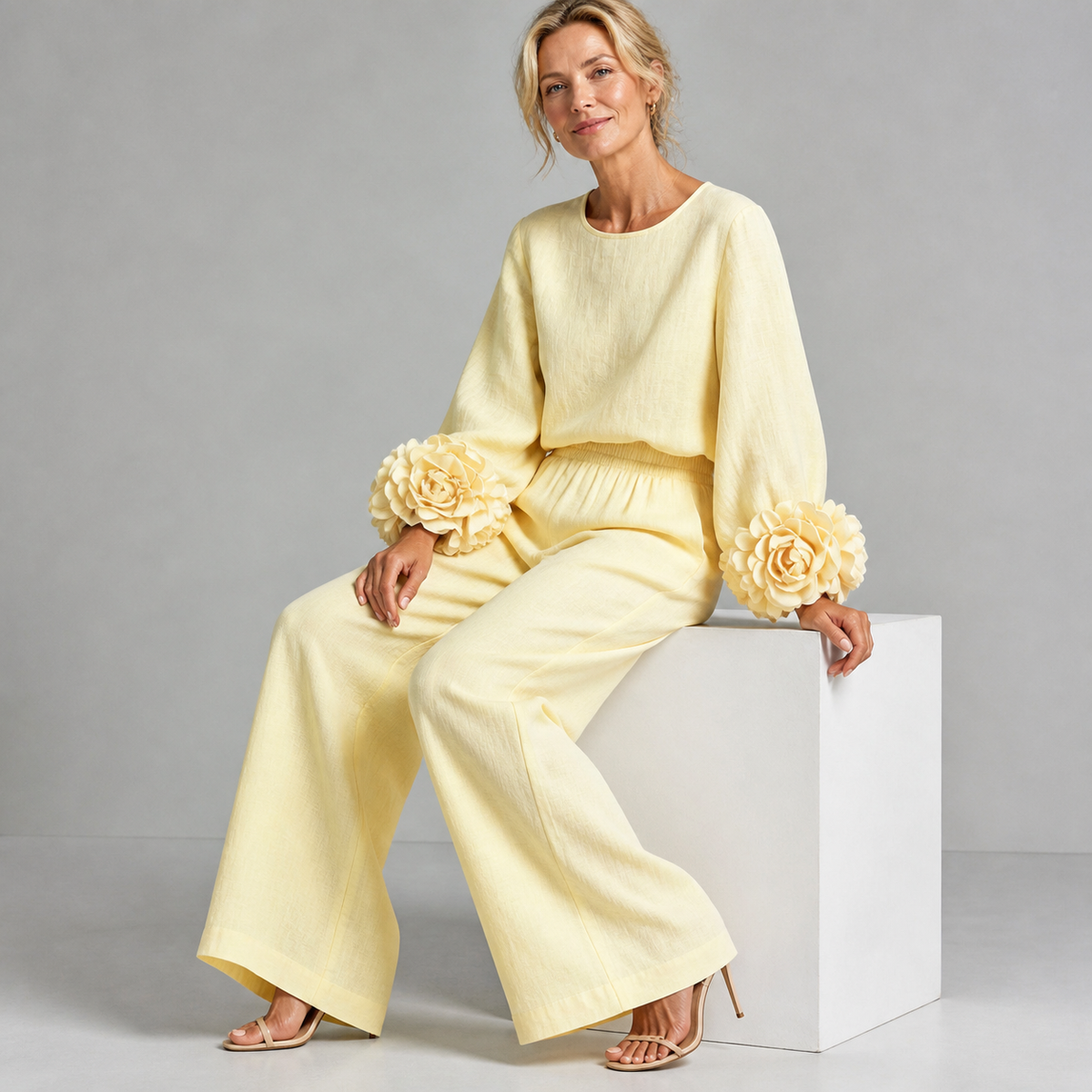 Floral Cuff Top and Wide-Leg Pants Set