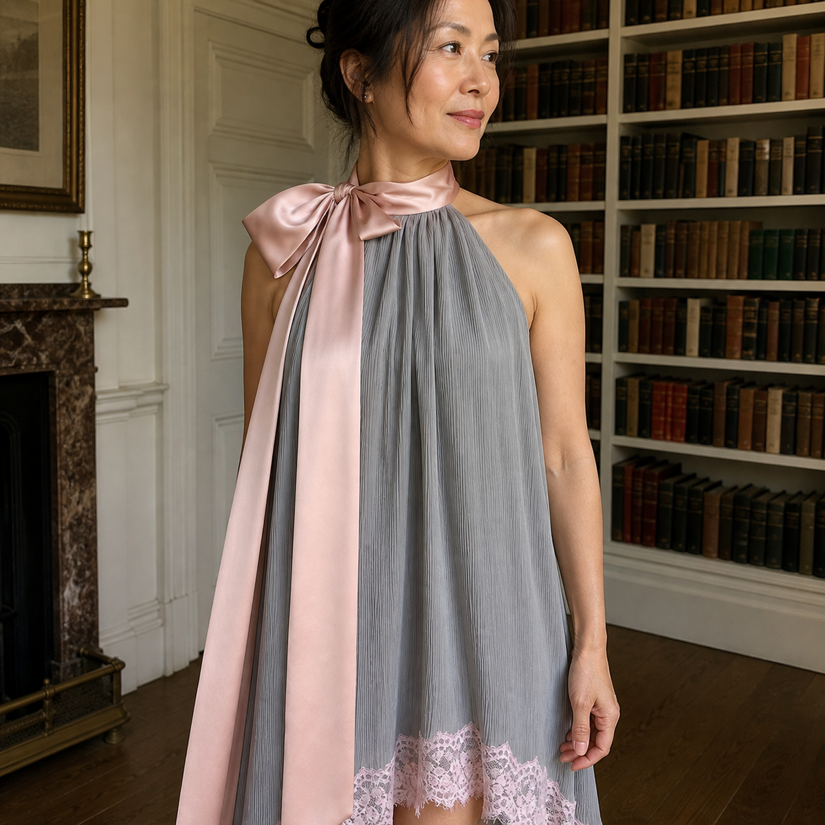 High-Neck Irregular Dress with Bow