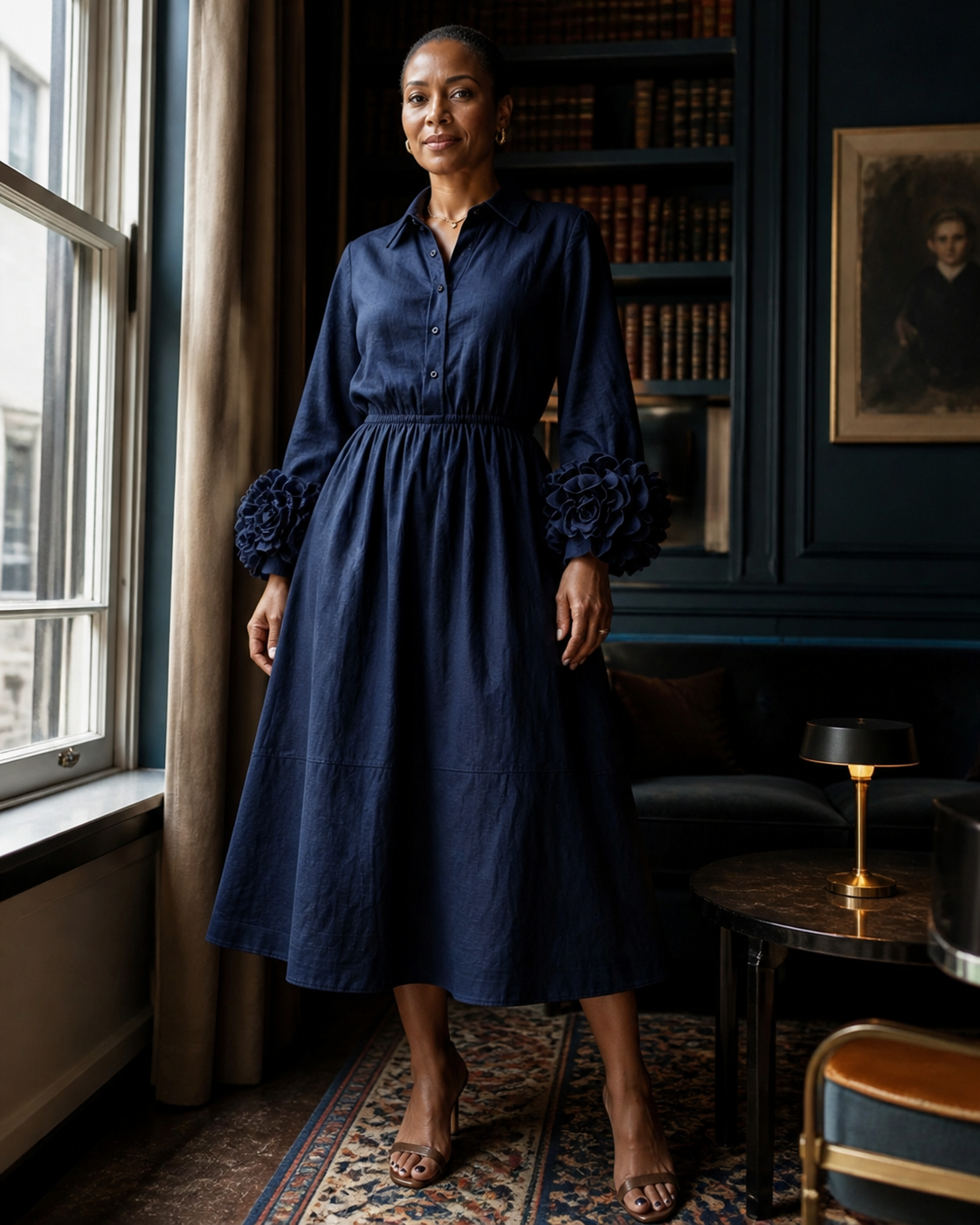 Collared Shirt Dress with 3D Rose Statement Sleeves
