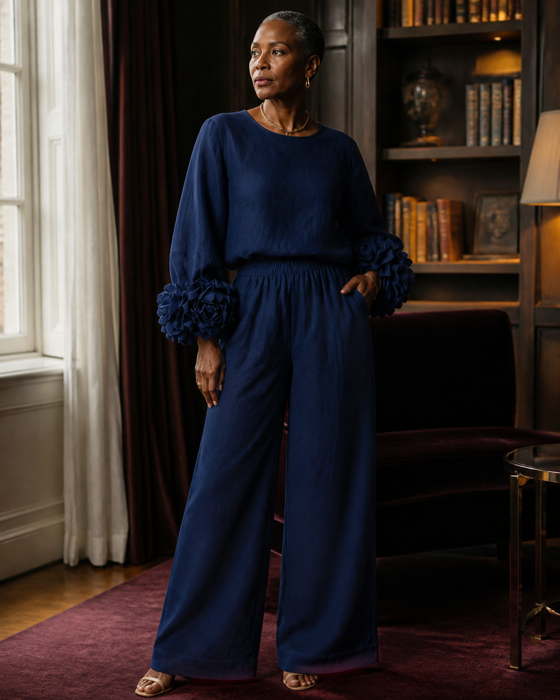 Floral Cuff Top and Wide-Leg Pants Set