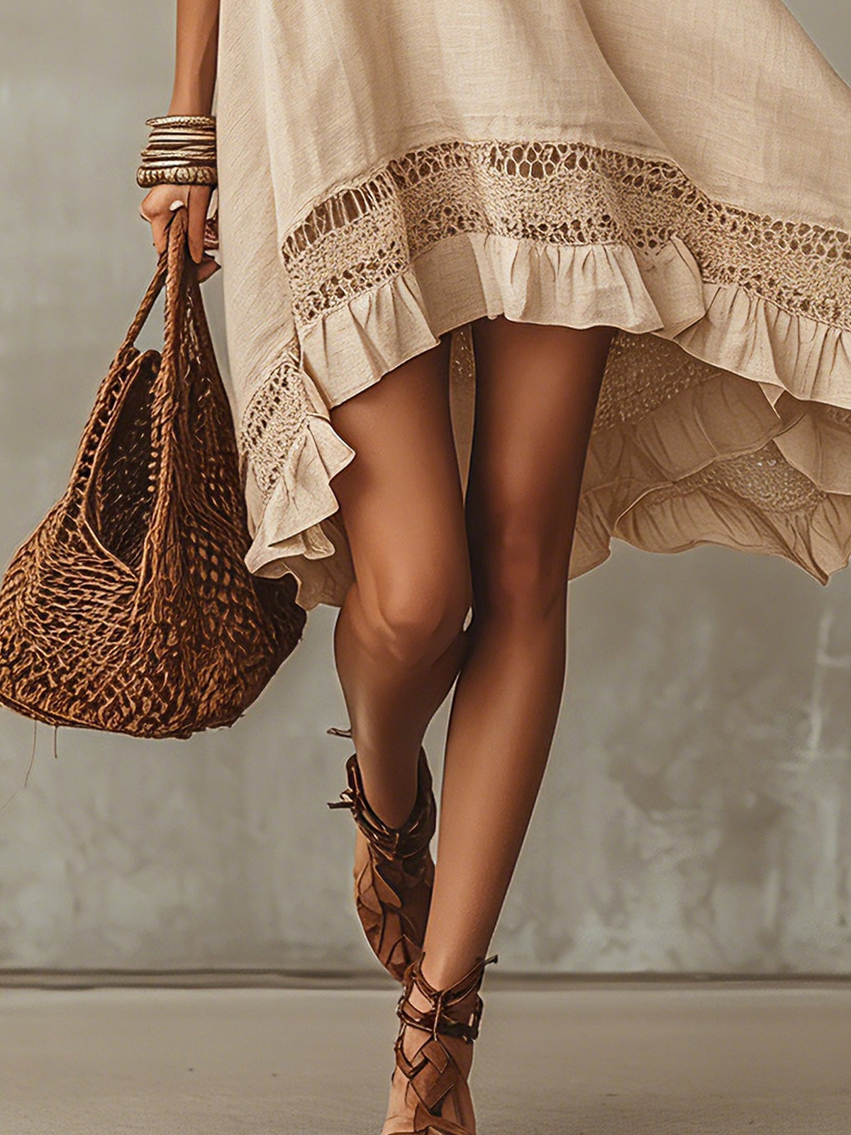 Beige lace-panelled mini dress with tie detail