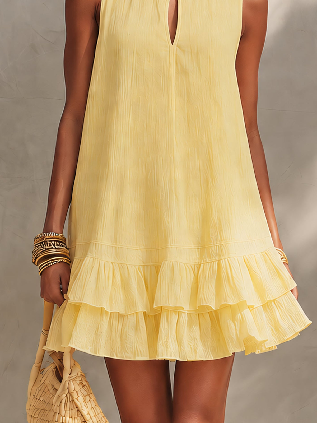 Yellow Textured Sleeveless Mini Dress With Ruffle Hem