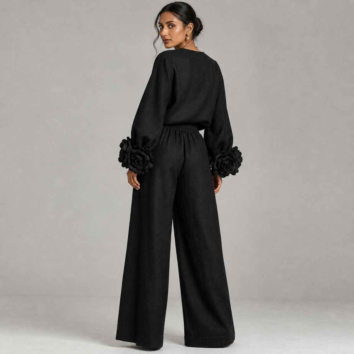 Floral Cuff Top and Wide-Leg Pants Set