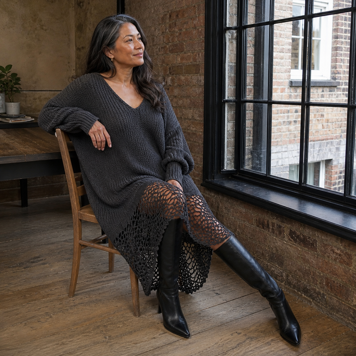 Charcoal Gray Long Sleeve Midi Dress