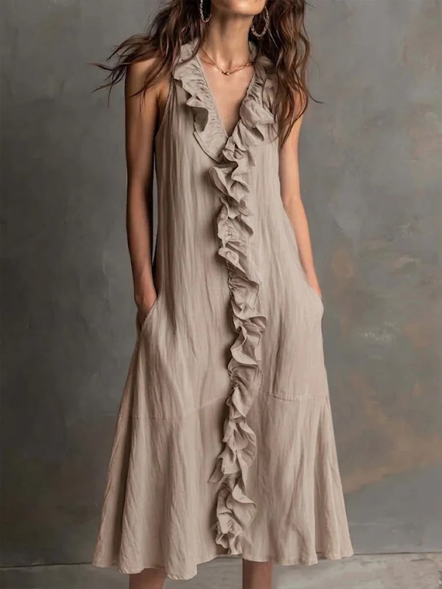 Women's Solid-Colour Sleeveless V-Neck Flared Ruffle Dress