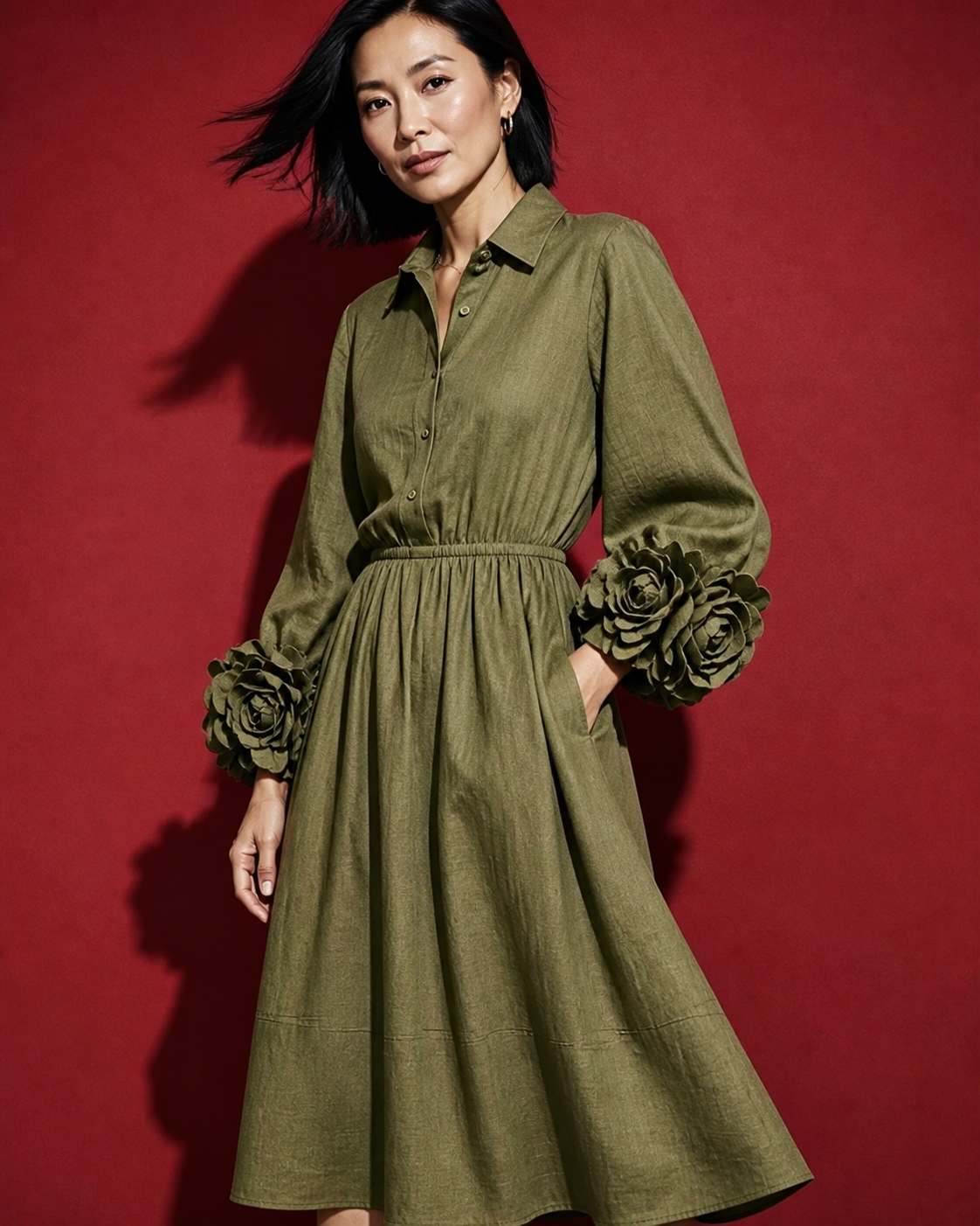 Collared Shirt Dress with 3D Rose Statement Sleeves