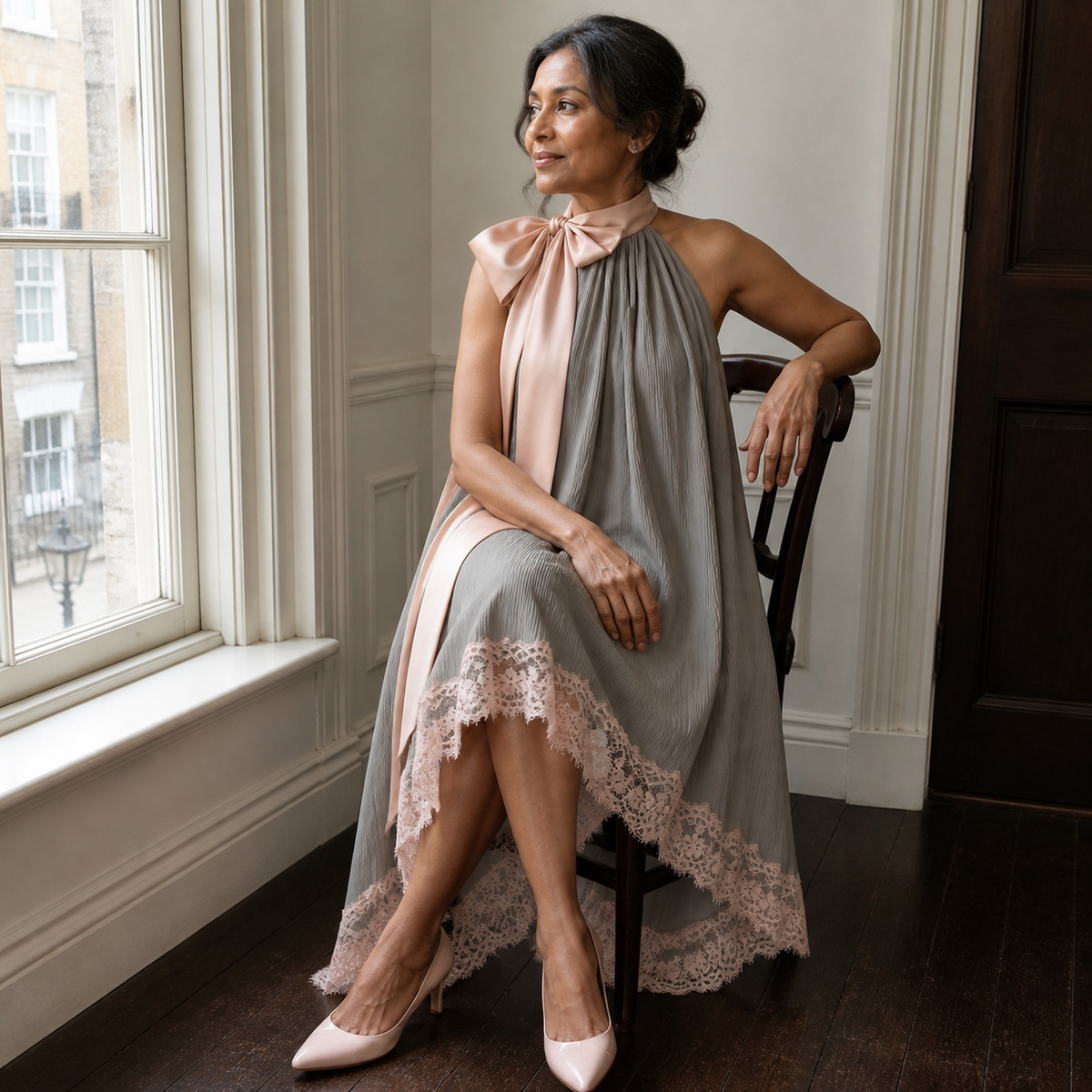 High-Neck Irregular Dress with Bow