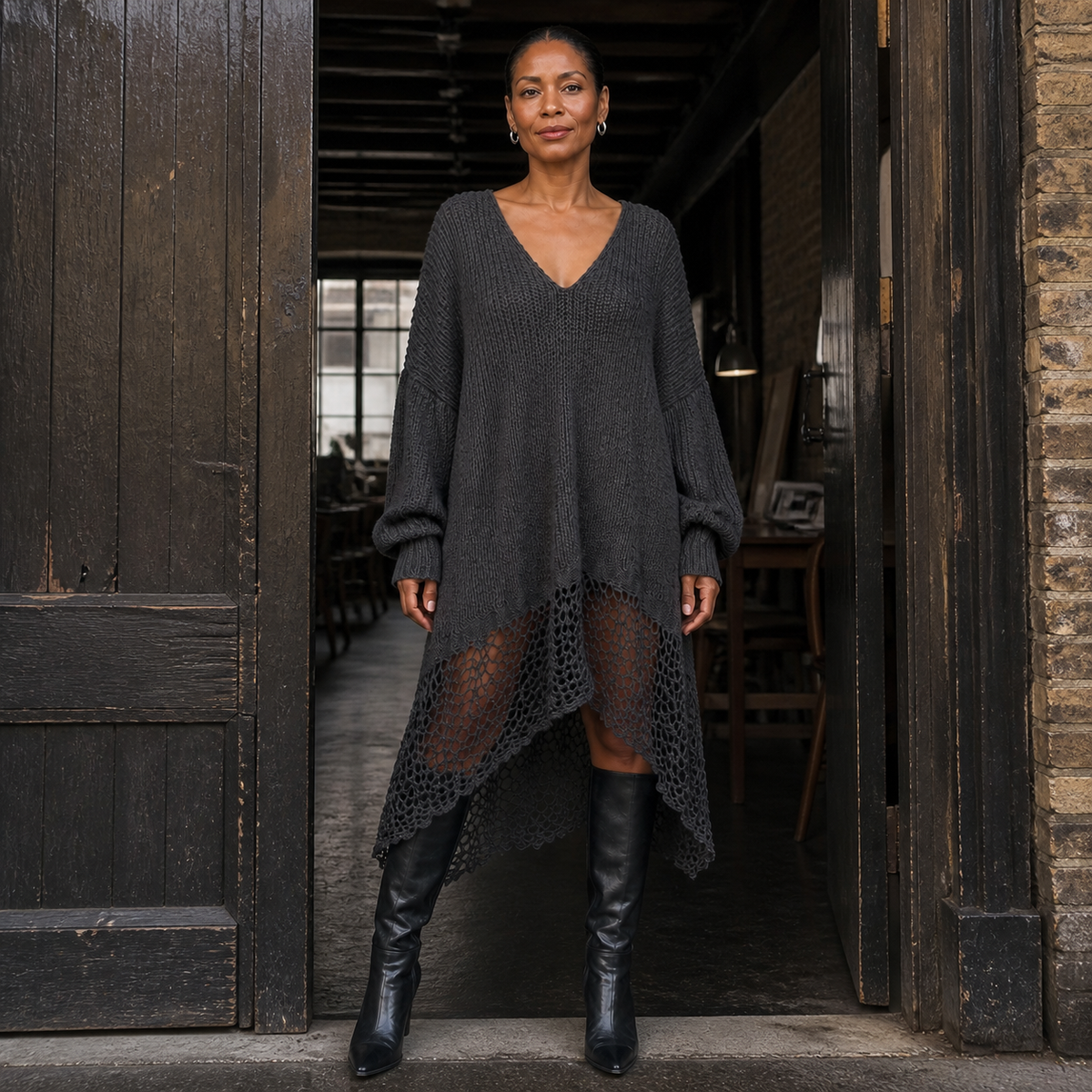 Charcoal Gray Long Sleeve Midi Dress