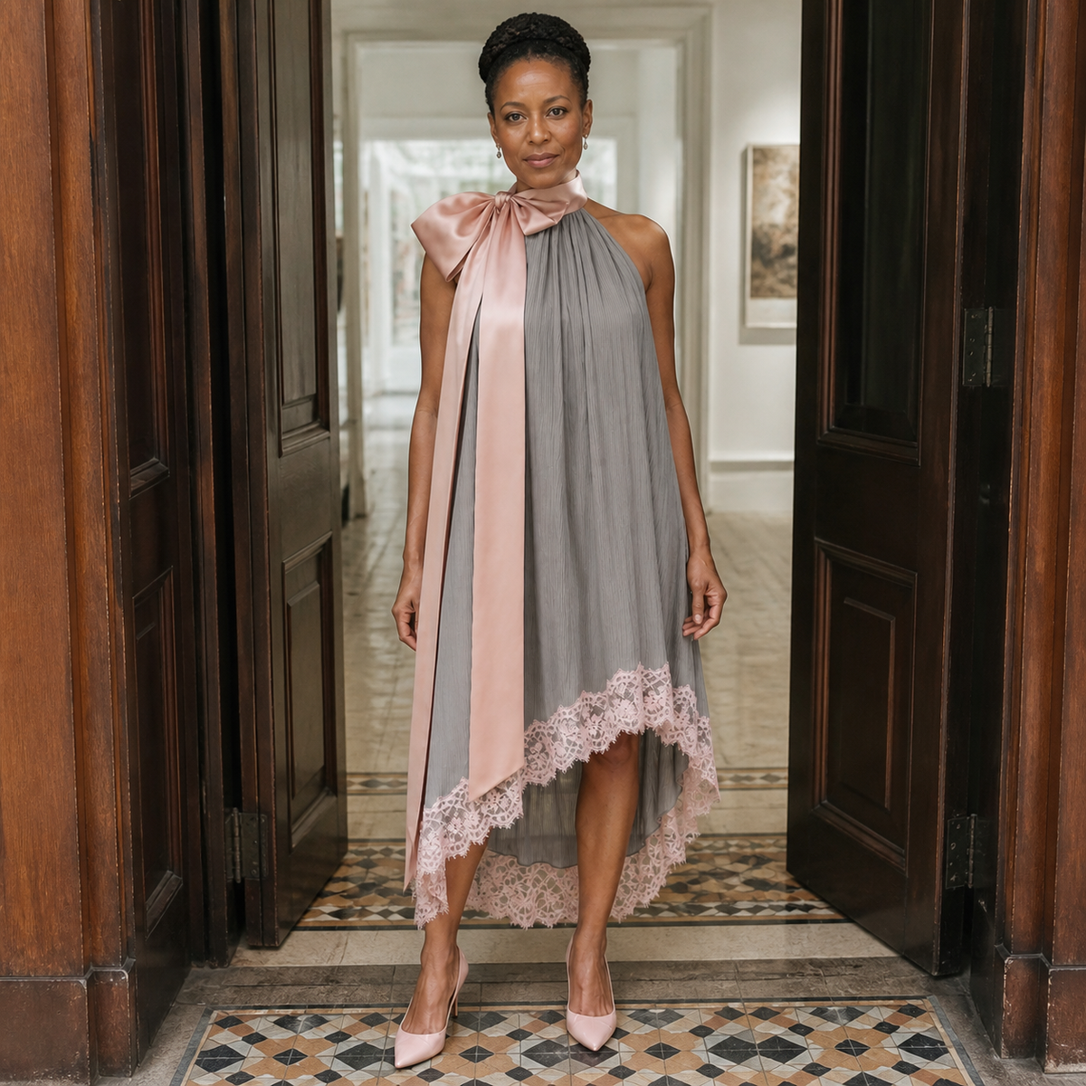 High-Neck Irregular Dress with Bow