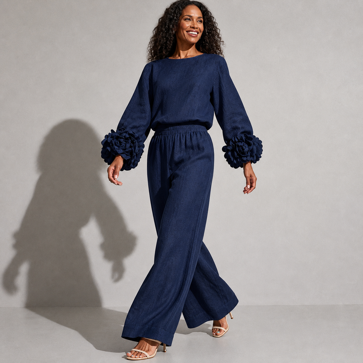 Floral Cuff Top and Wide-Leg Pants Set
