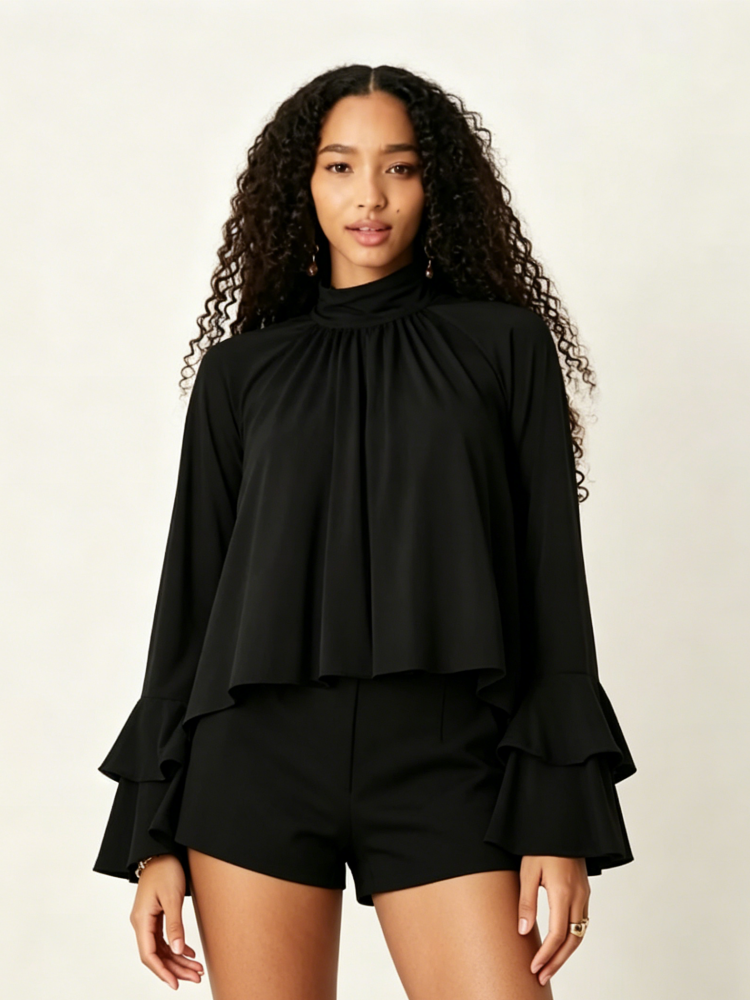 Black Ruffle Crop Top Short Set