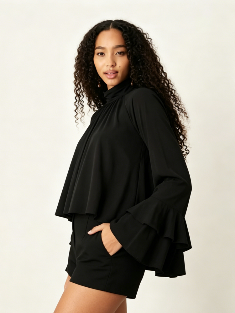 Black Ruffle Crop Top Short Set
