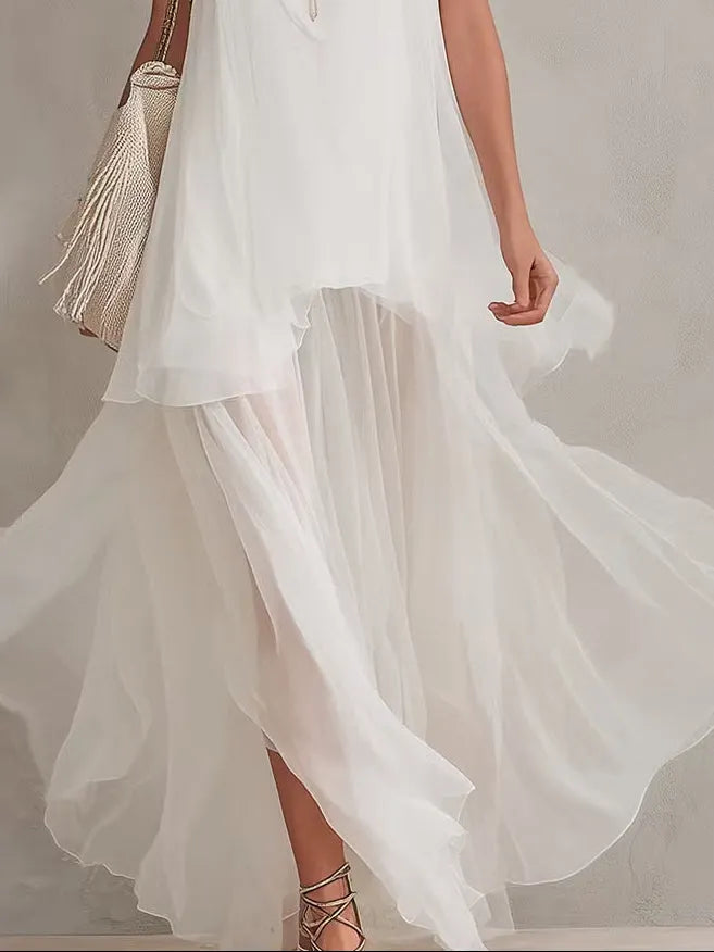 Bohemian White Chiffon Light Layered Long Dress
