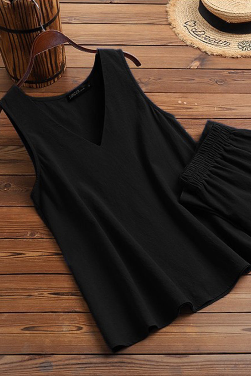 Daily Simplicity Solid V Neck Sleeveless Two Pieces(4 Colours)
