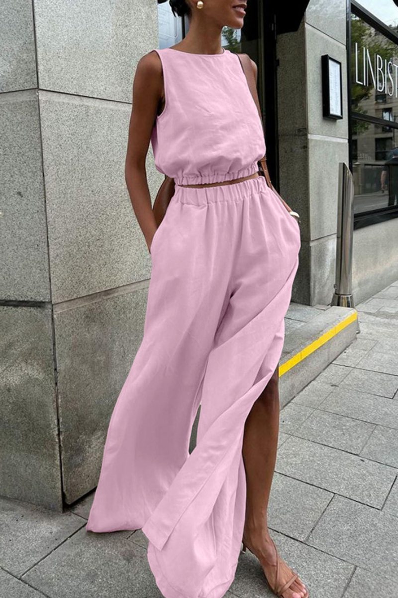 Casual Solid Colour Slit O Neck Sleeveless Two Pieces