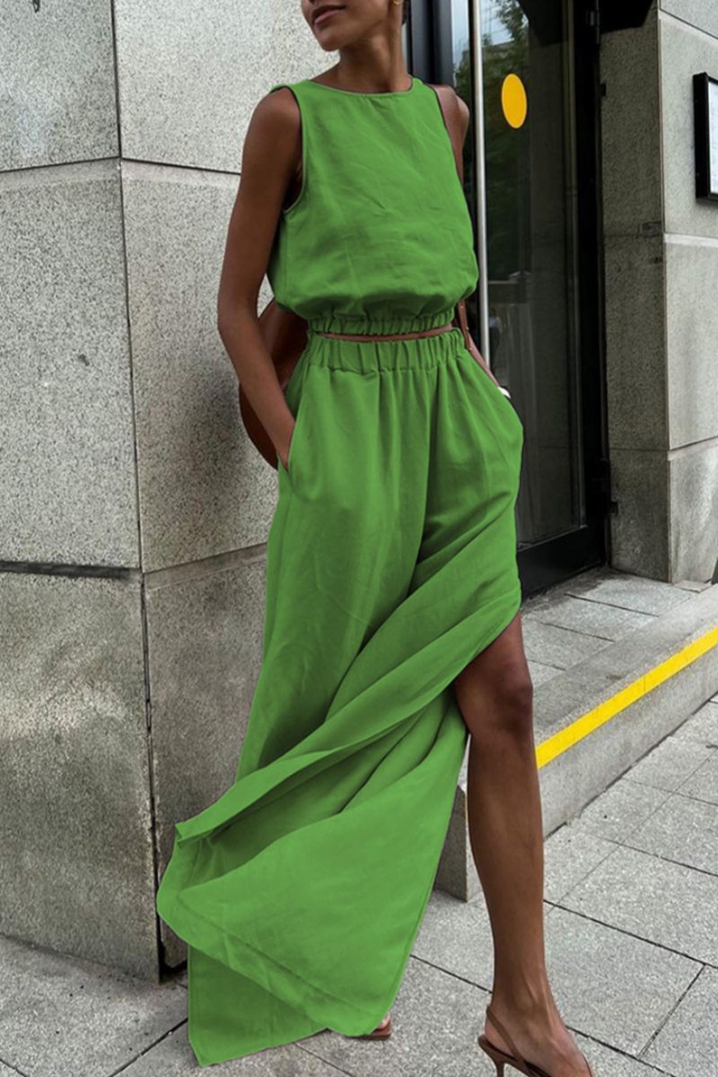 Casual Solid Colour Slit O Neck Sleeveless Two Pieces
