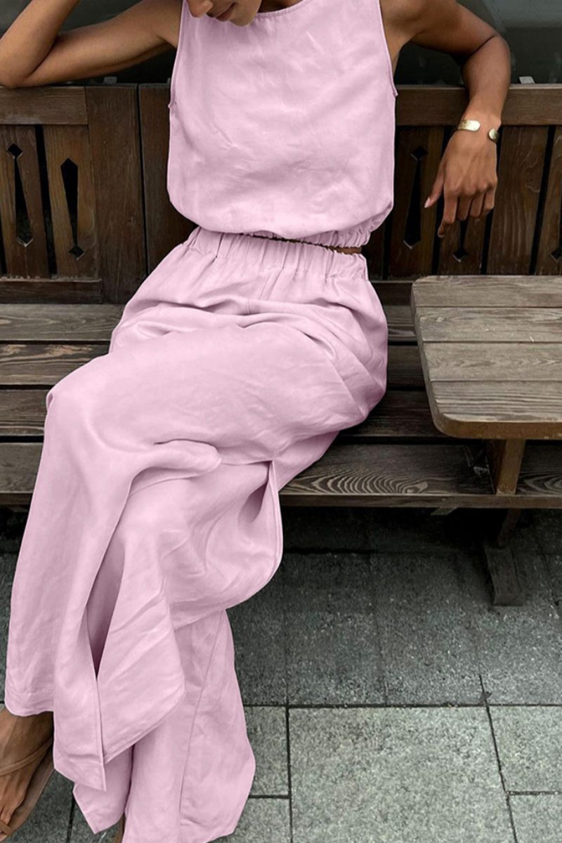 Casual Solid Colour Slit O Neck Sleeveless Two Pieces