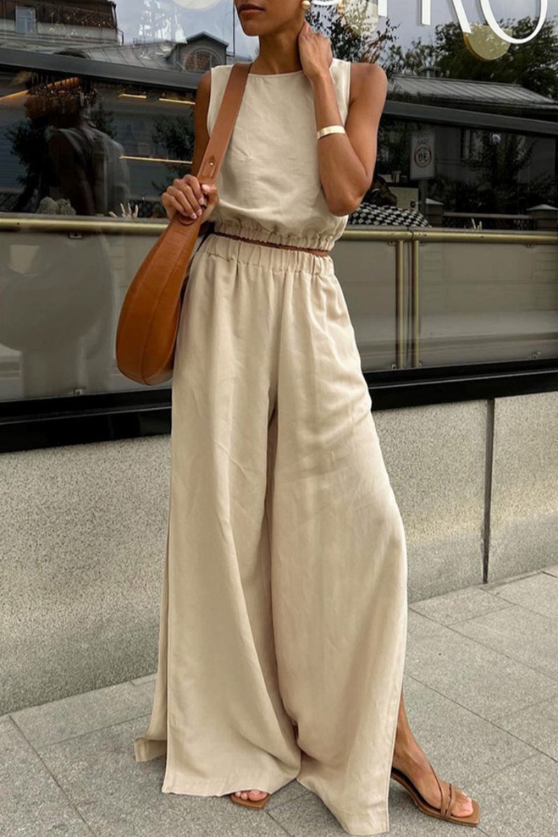 Casual Solid Colour Slit O Neck Sleeveless Two Pieces