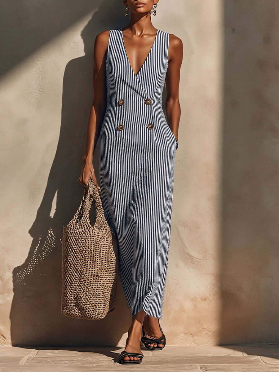Blue-White Striped Maxi Dress