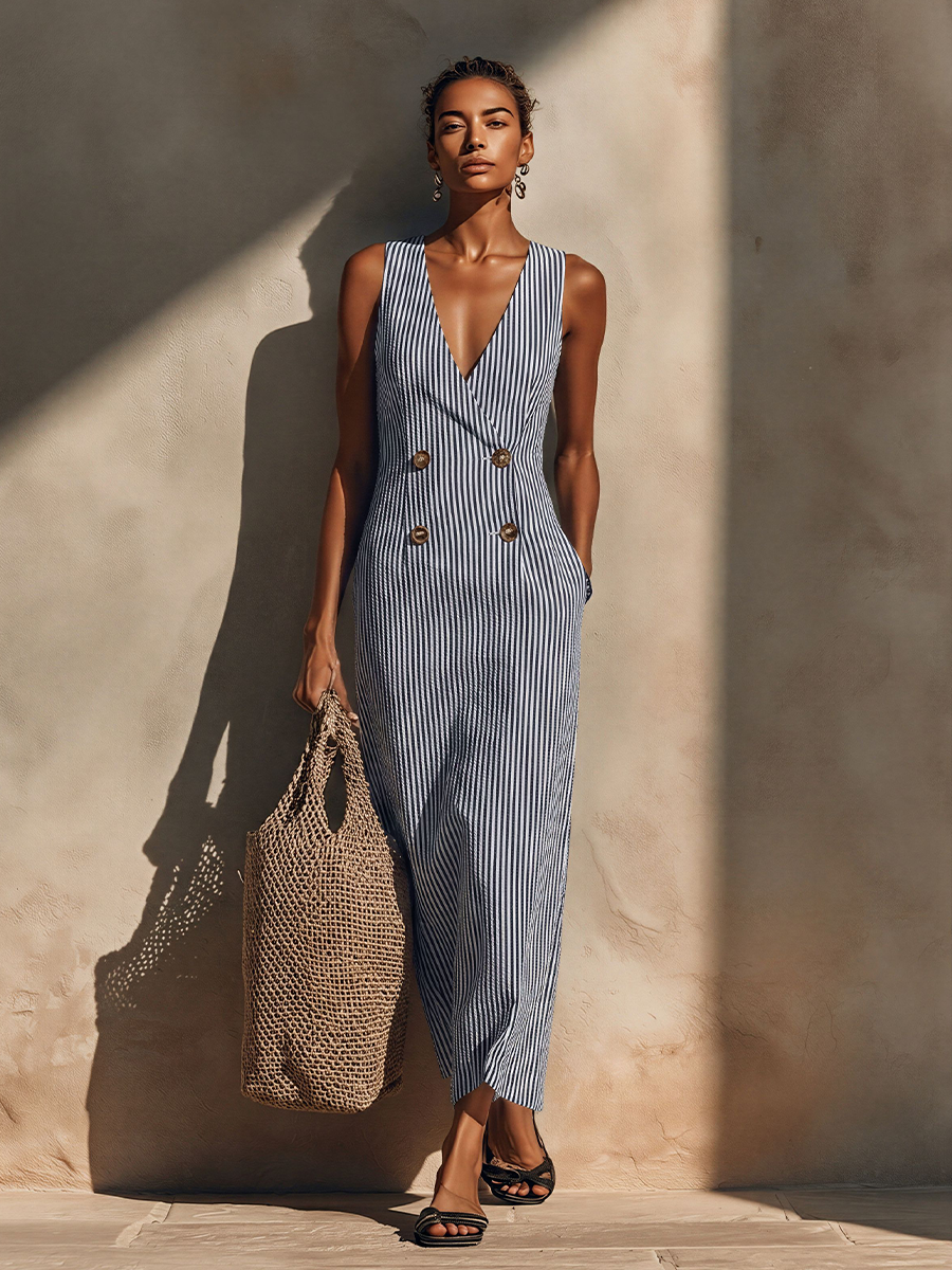 Blue-White Striped Maxi Dress