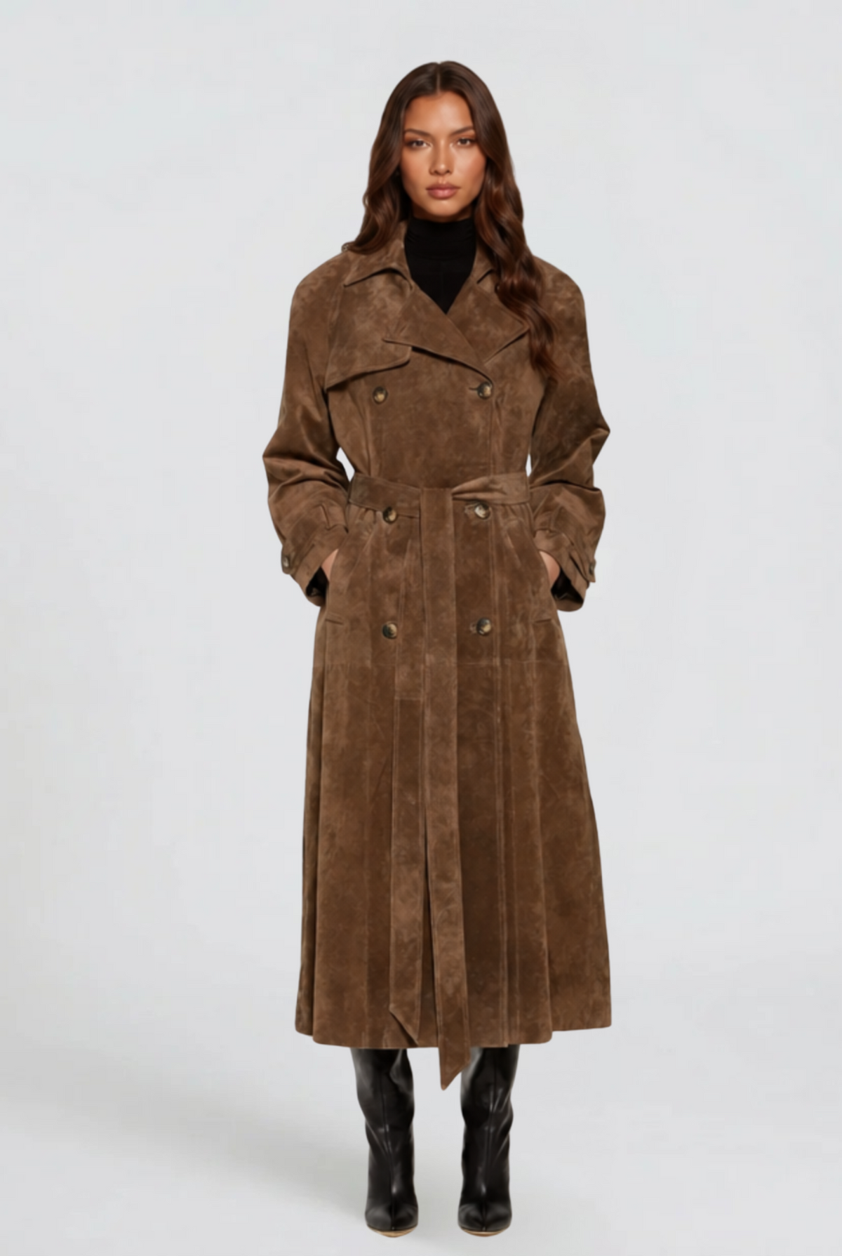 Women's Long Brown Suede Style Trench Coat