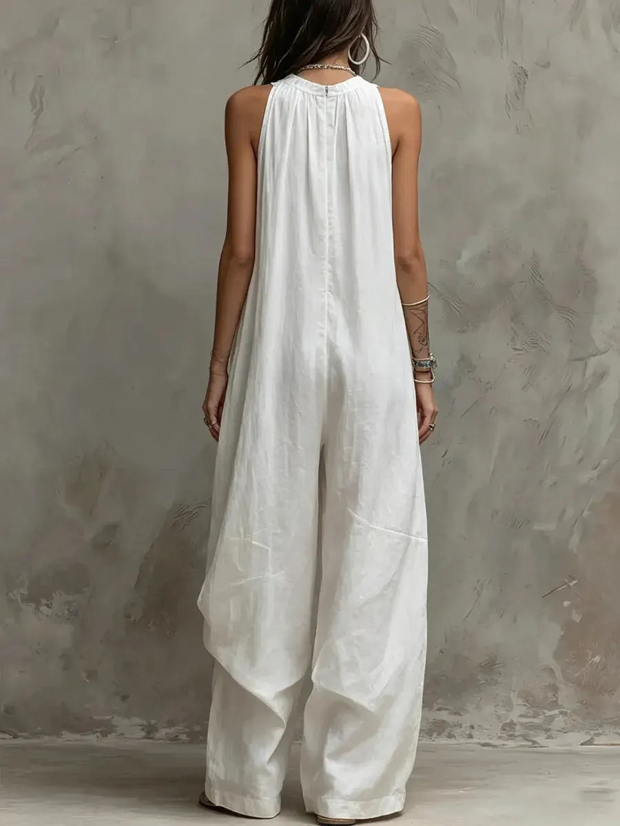 Women's Simple Cotton And Linen Wide-leg Jumpsuit