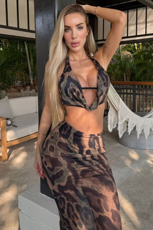 Sheer Chiffon Leopard Print Bikini Maxi Skirt Set