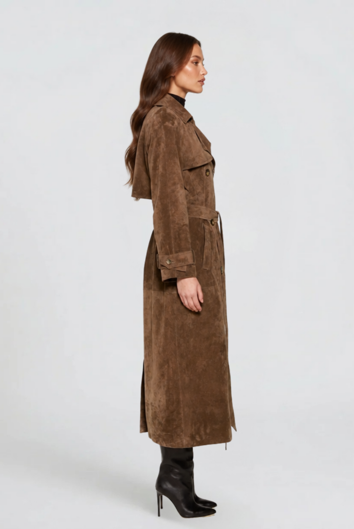 Women's Long Brown Suede Style Trench Coat