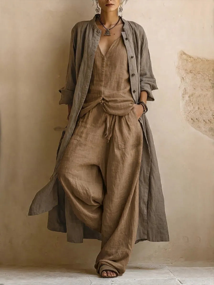 Linen-Cotton Long Cardigan, Sleeveless Top And Pants | 3-piece Set