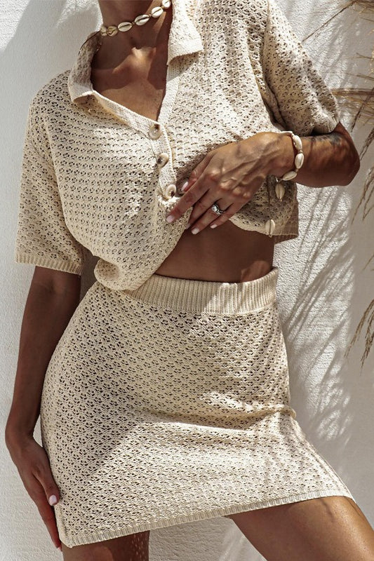 Knit Short Sleeve Crochet Skirt Set