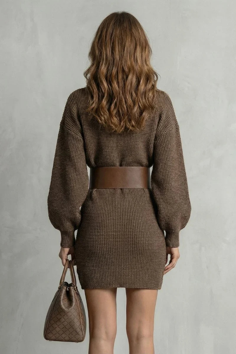 Belted Waist-Cinching Knit Short Dress