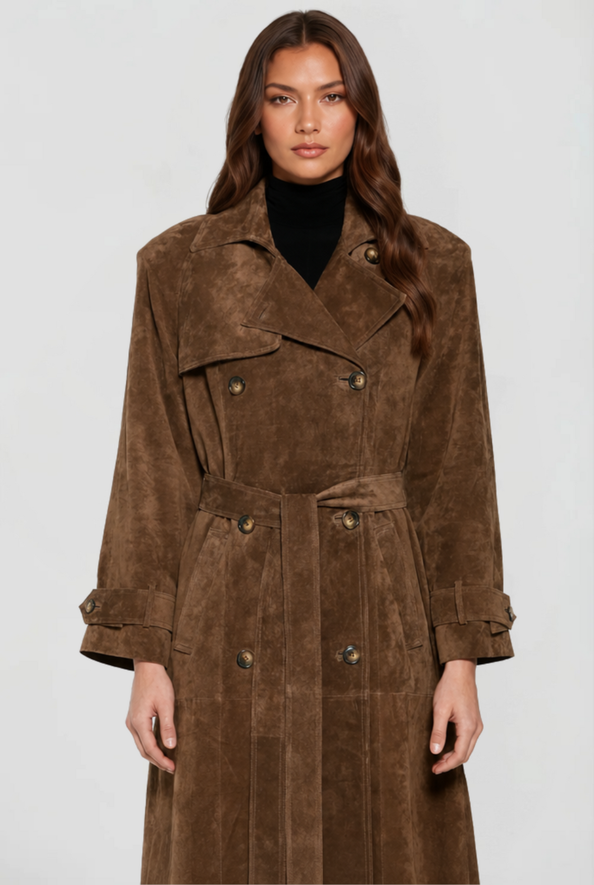 Women's Long Brown Suede Style Trench Coat