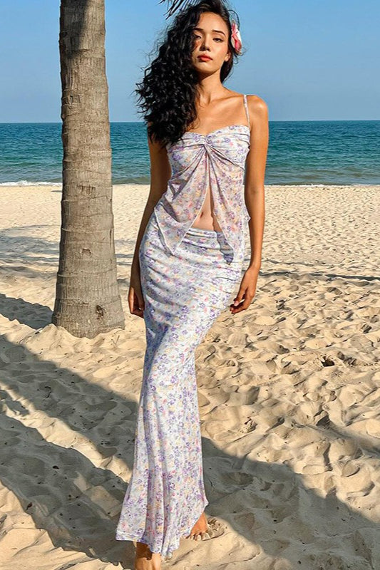 Double Layer Sheer Halter Floral Skirt Set